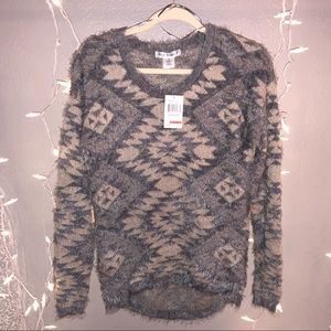 Geometric Print Fuzzy Sweater